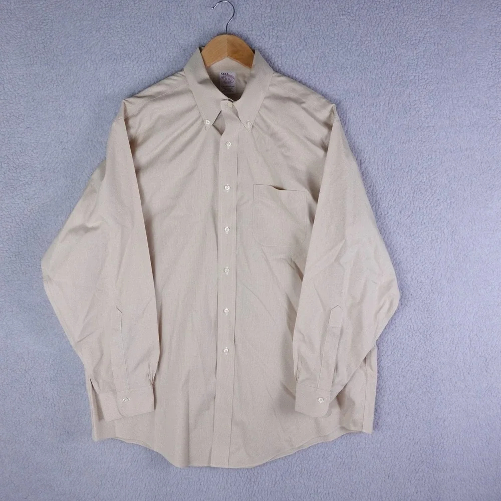 Brooks Brothers Mens 17-34 Traditional Fit Non-Iron Cotton Dress Shirt Tan Check